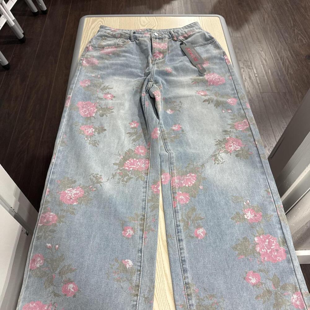 Romwe blue jeans with pink floral print, size L #floral #denim